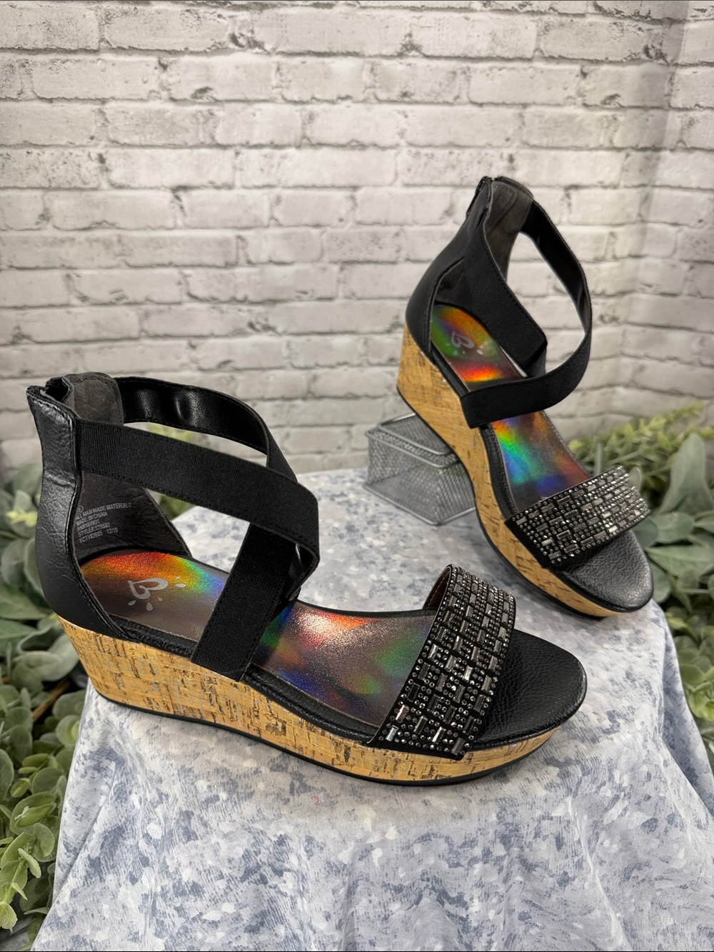 JUSTICE - Black Embellished Cross-Band Cork Wedge Fashion Sandals 🖤 Girls 3M